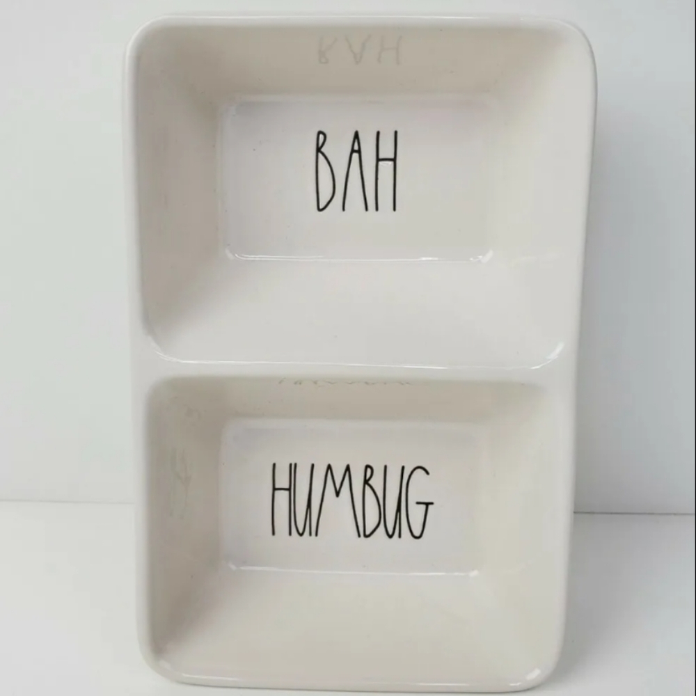 Rae Dunn Bah Humbug Nut and Candy Dish Divided Ceramic White Christmas